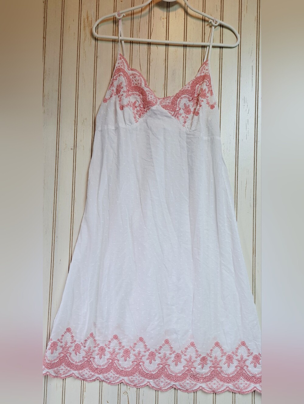 Shabby Chic Embroidered White Cotton Slip Dress Night Gown Feminine Medium